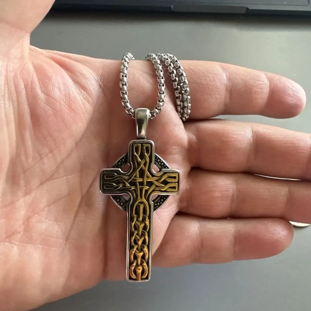 Celtic Cross Pendant Halo Gold/Silver Stainless Steel 24 Inch Chain Unisex Gift